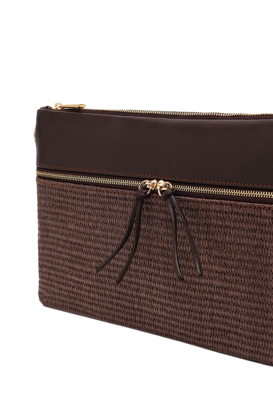 Woman Brown Long Chain Strap Wicker Clutch Bag