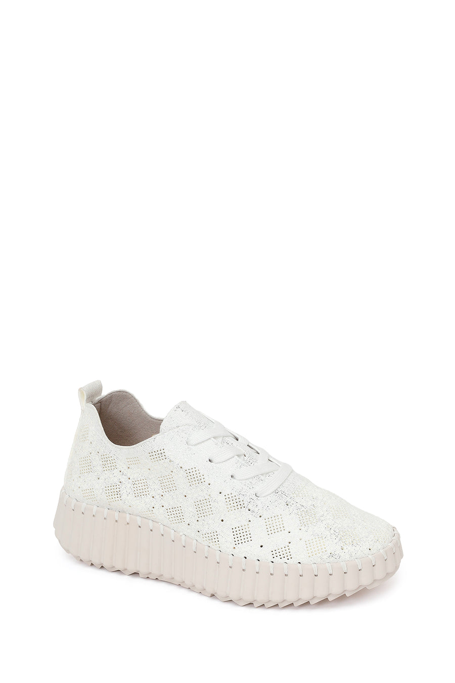 Woman White Lace-Up Patterned Thick-Soled Fabric Sneaker