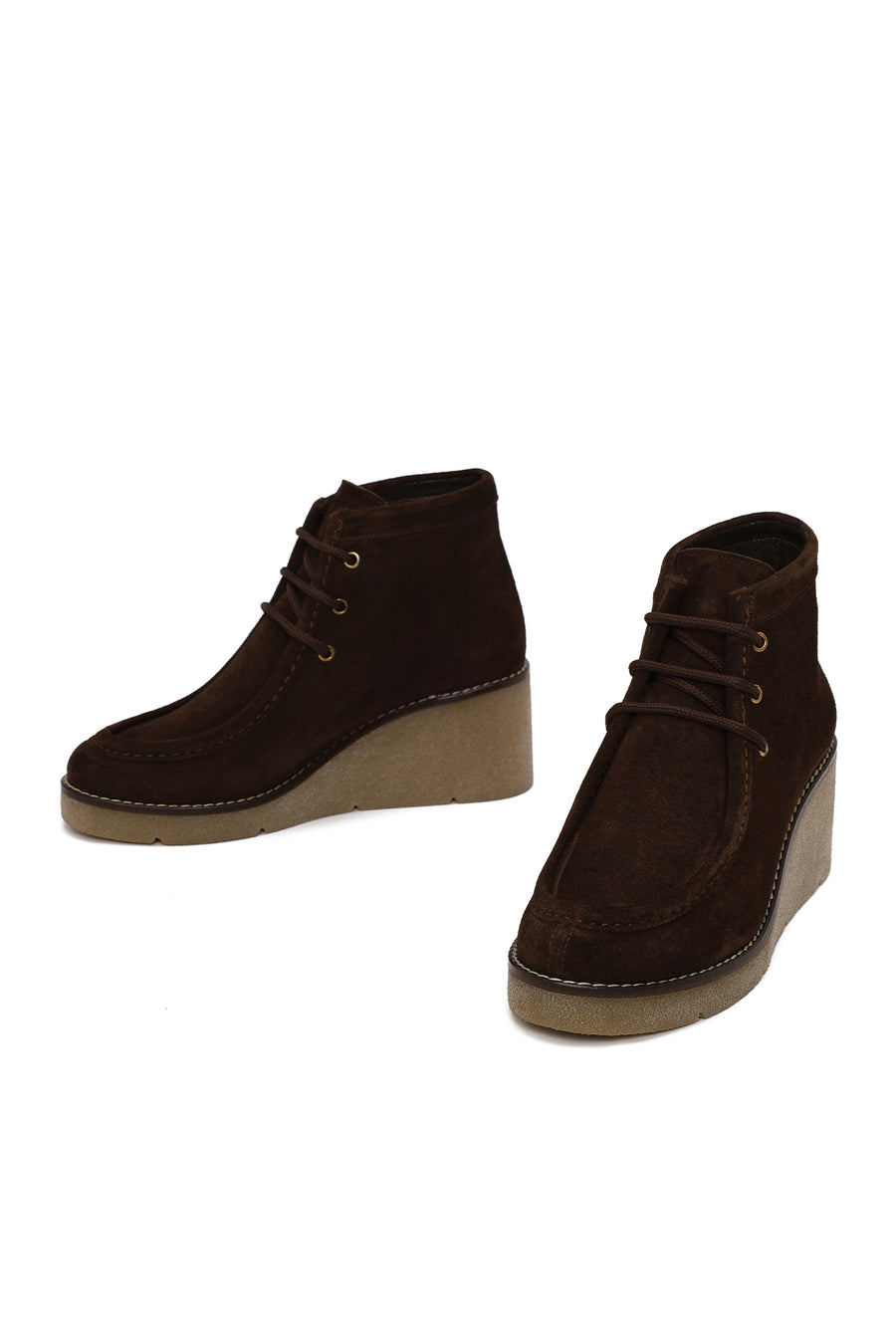 Woman Brown Lace-Up Wedge-Heel Suede Boots
