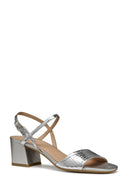 Geox Women Silver New Eraklia 50 Ankle Buckle Thick Heeled Metallic Leather Sandal | Derimod