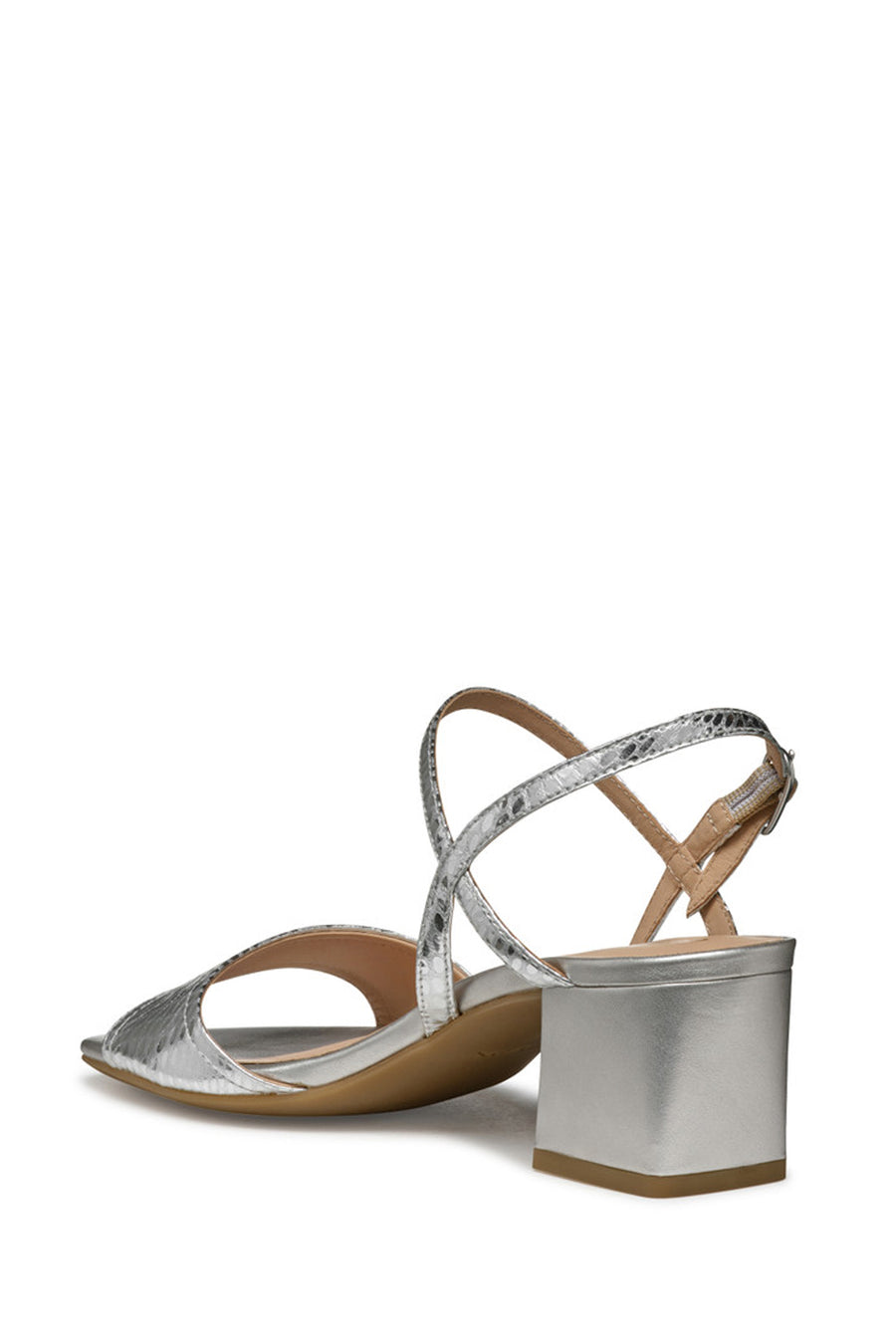 Geox Women Silver New Eraklia 50 Ankle Buckle Thick Heeled Metallic Leather Sandal
