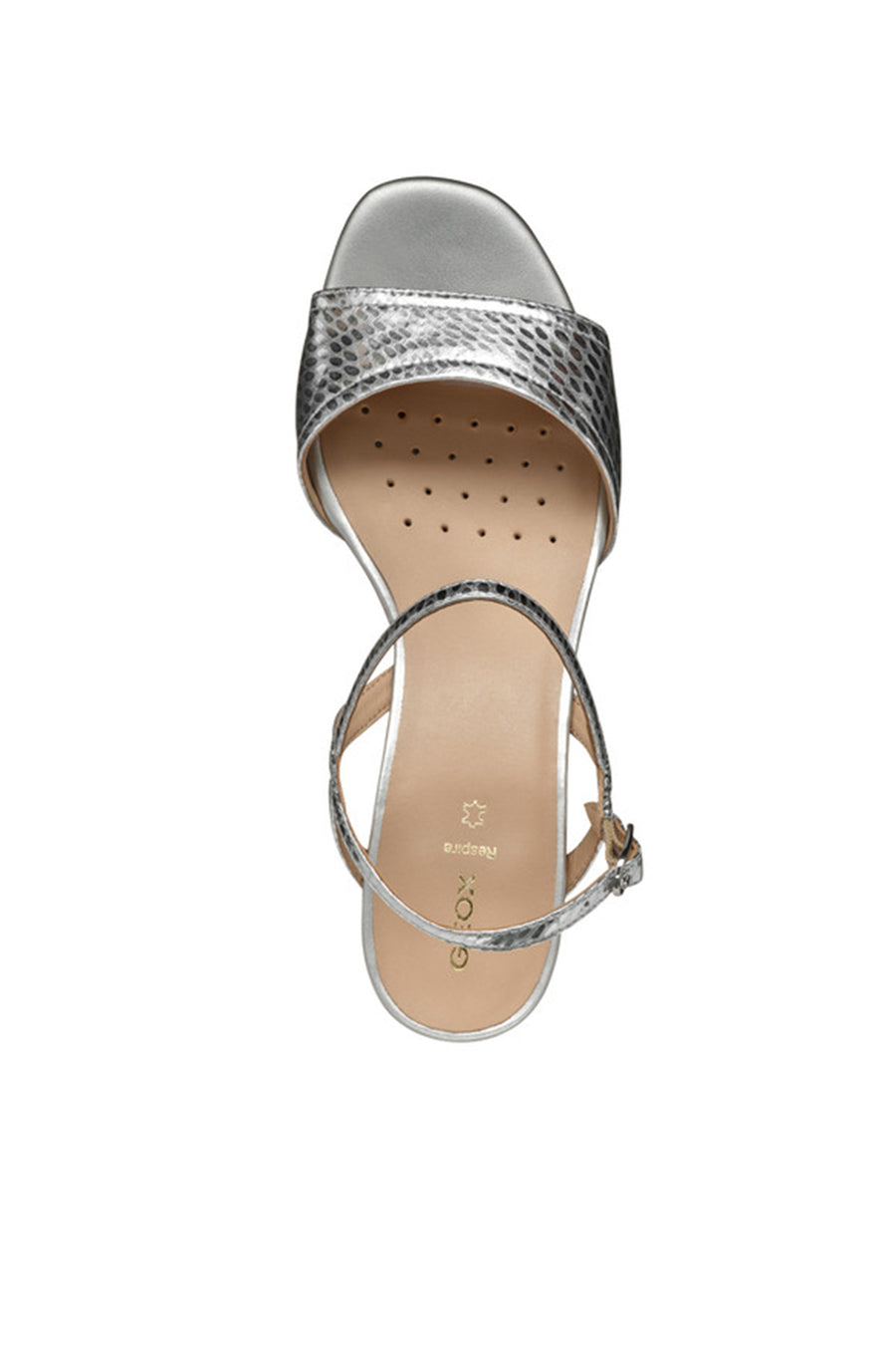 Geox Women Silver New Eraklia 50 Ankle Buckle Thick Heeled Metallic Leather Sandal