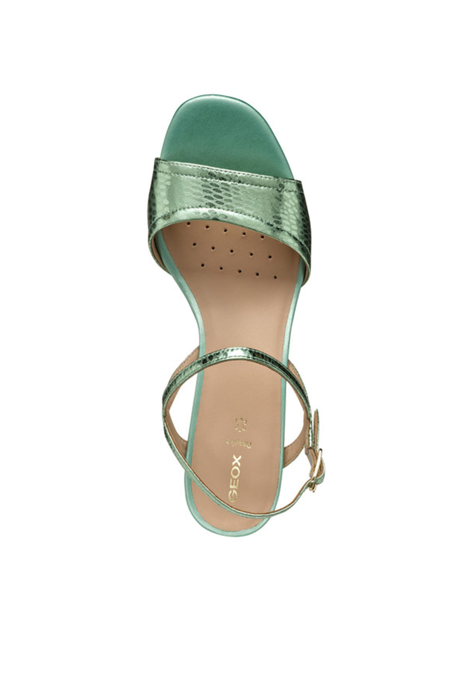 Geox Women Green New Eraklia 50 Ankle Buckle Thick Heeled Metallic Leather Sandal