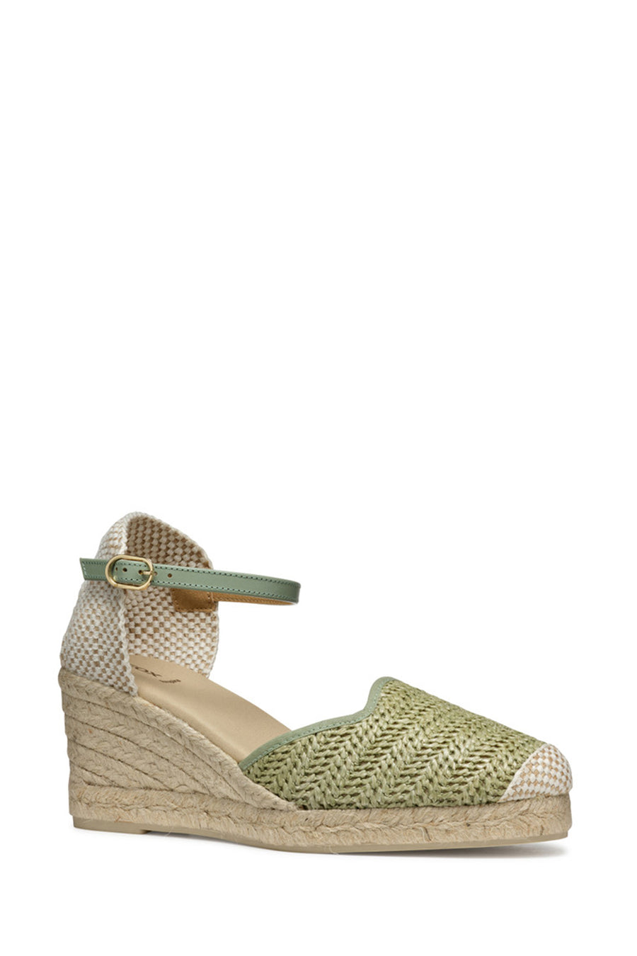 Geox Women Green Gelsa Low Ankle Buckle Wedge Heel Braided Leather Espadrille