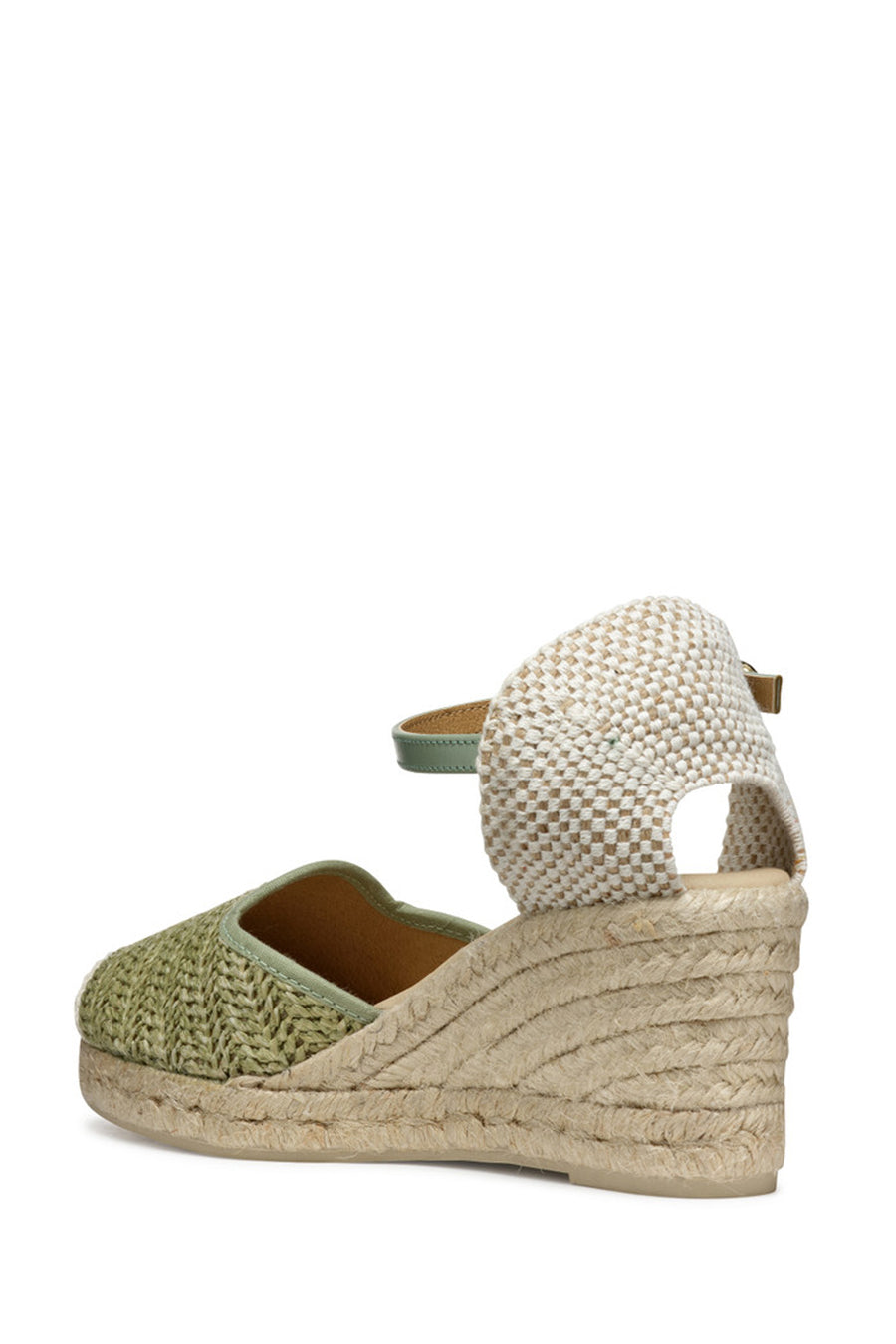 Geox Women Green Gelsa Low Ankle Buckle Wedge Heel Braided Leather Espadrille