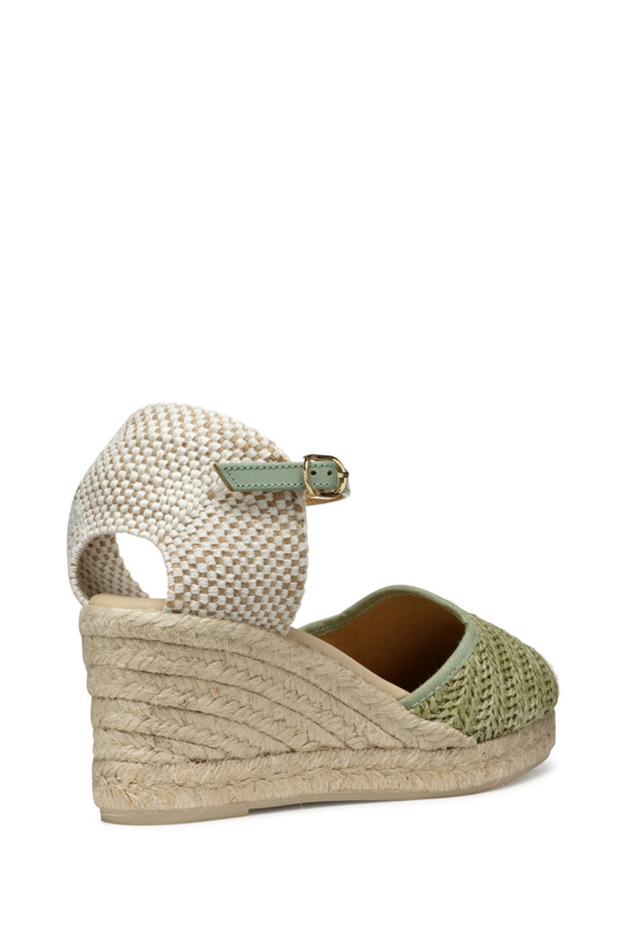 Geox Women Green Gelsa Low Ankle Buckle Wedge Heel Braided Leather Espadrille