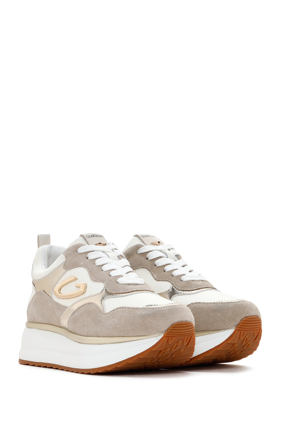 Alberto Guardiani Women's Beige Gold Louise Thick Sole Leather Sneaker