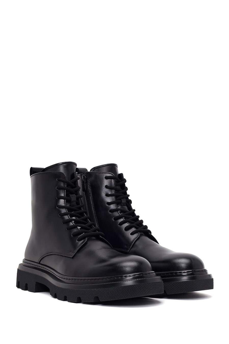 Male Black Lace-Up Zip Closure Thick-Soled Leather Combat Boots