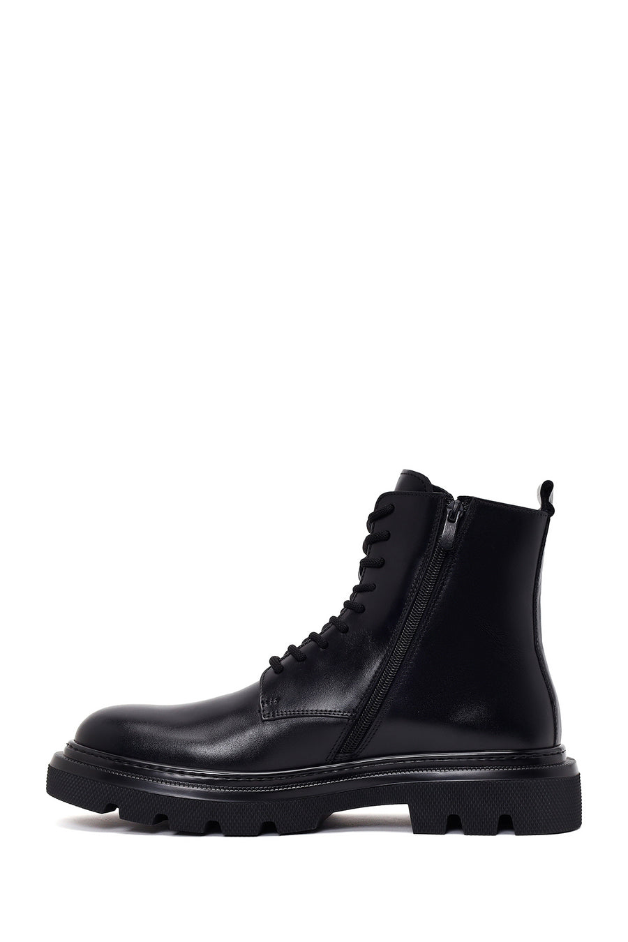 Male Black Lace-Up Zip Closure Thick-Soled Leather Combat Boots