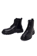 Male Black Lace-Up Zip Closure Thick-Soled Leather Combat Boots | Derimod
