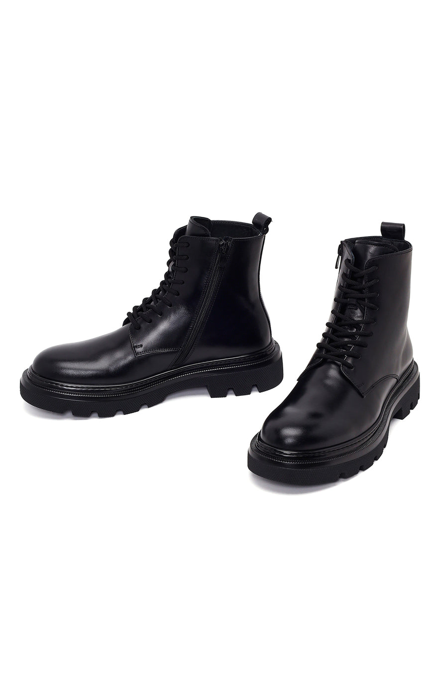 Male Black Lace-Up Zip Closure Thick-Soled Leather Combat Boots