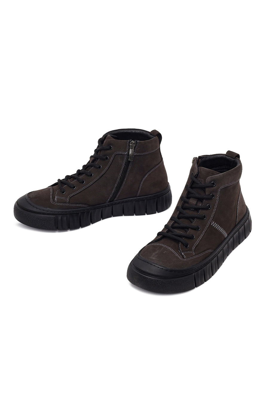 Male Anthracite Lace-Up Zip Closure Nubuck Leather Sports Boots