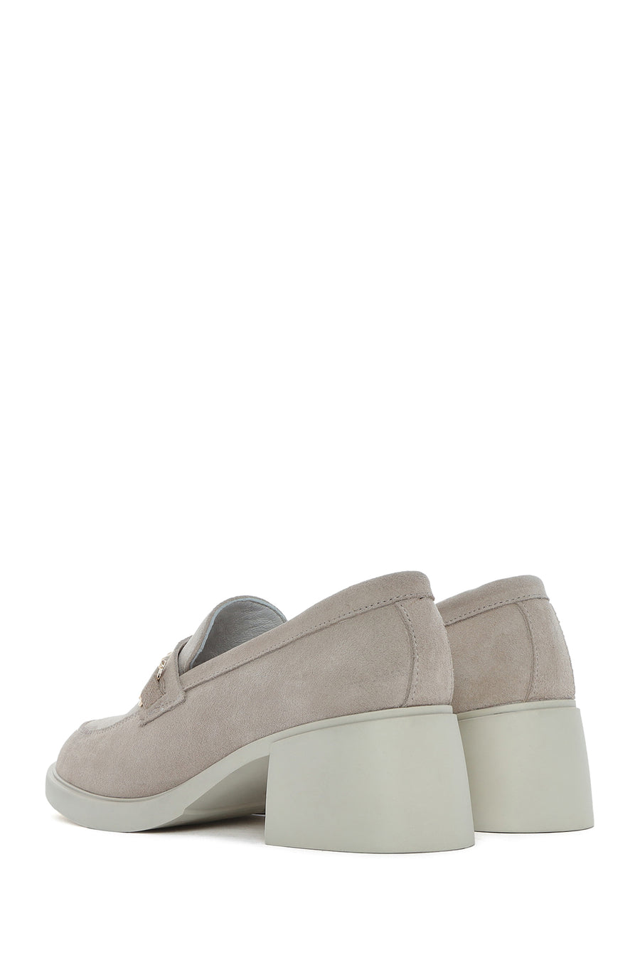 Women's Beige Buckled Thick Heel Suede Leather Masculine Loafer