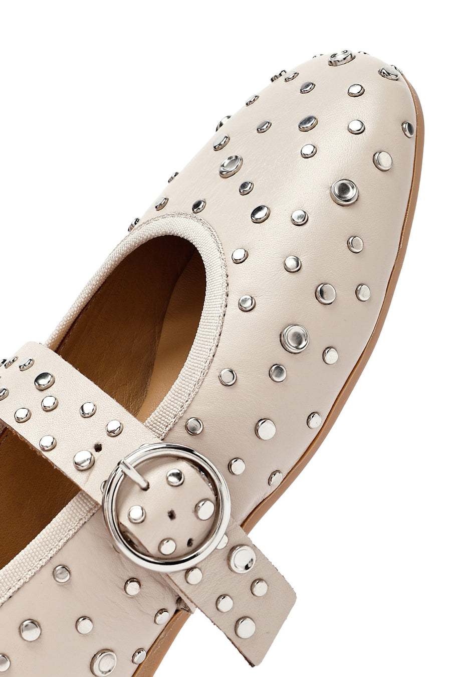 Women's Beige Buckled Stoned Leather Ballerinas