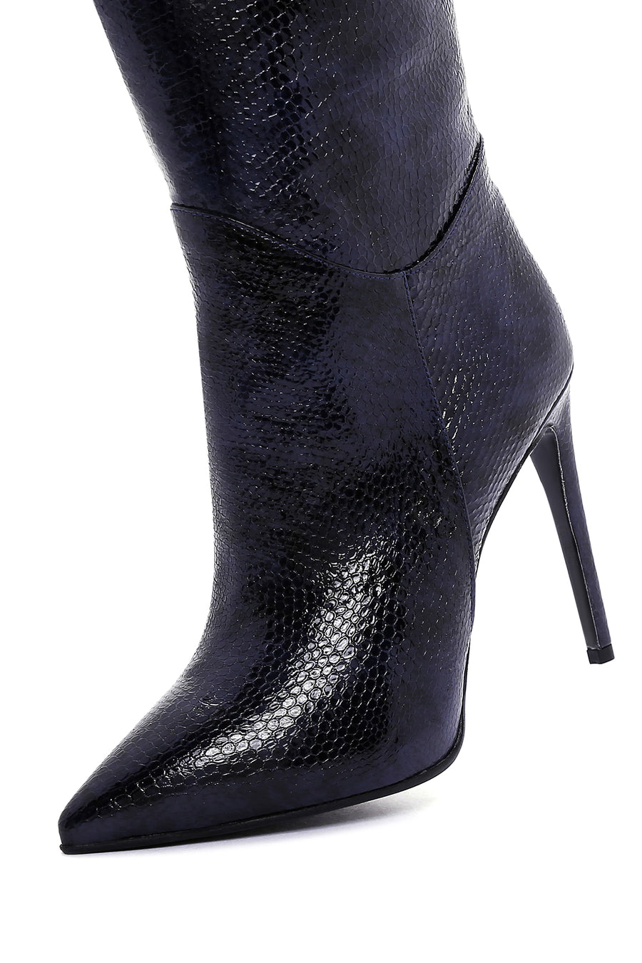 Women's Navy Blue Leather Thin Heeled Boots