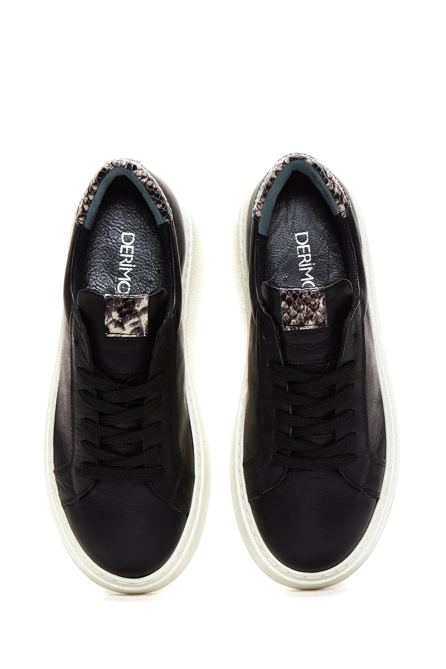 Women's Black Lace-Up Chunky Sole Leather Sneakers