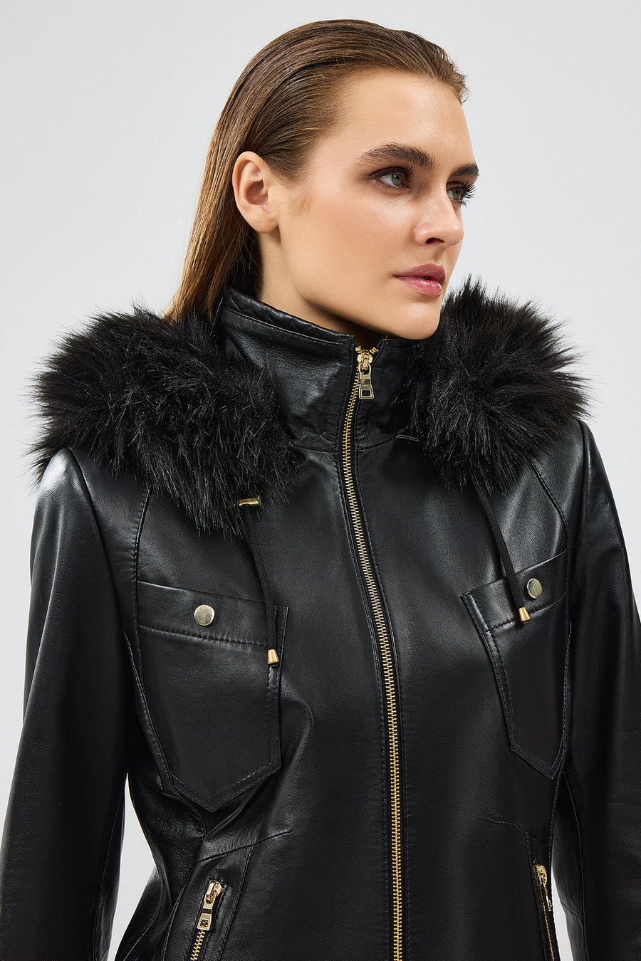 Meggy Women's Black Hooded Collar Fur Regular Leather Jacket