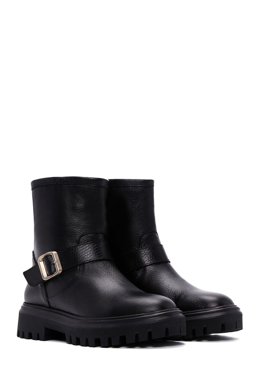 Women's Black Leather Buckle Boots