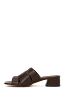 Woman Brown Short Thick-Heeled Leather Slipper | Derimod