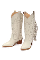 Women's Cream Thick Heeled Leather Cowboy Boots | Derimod