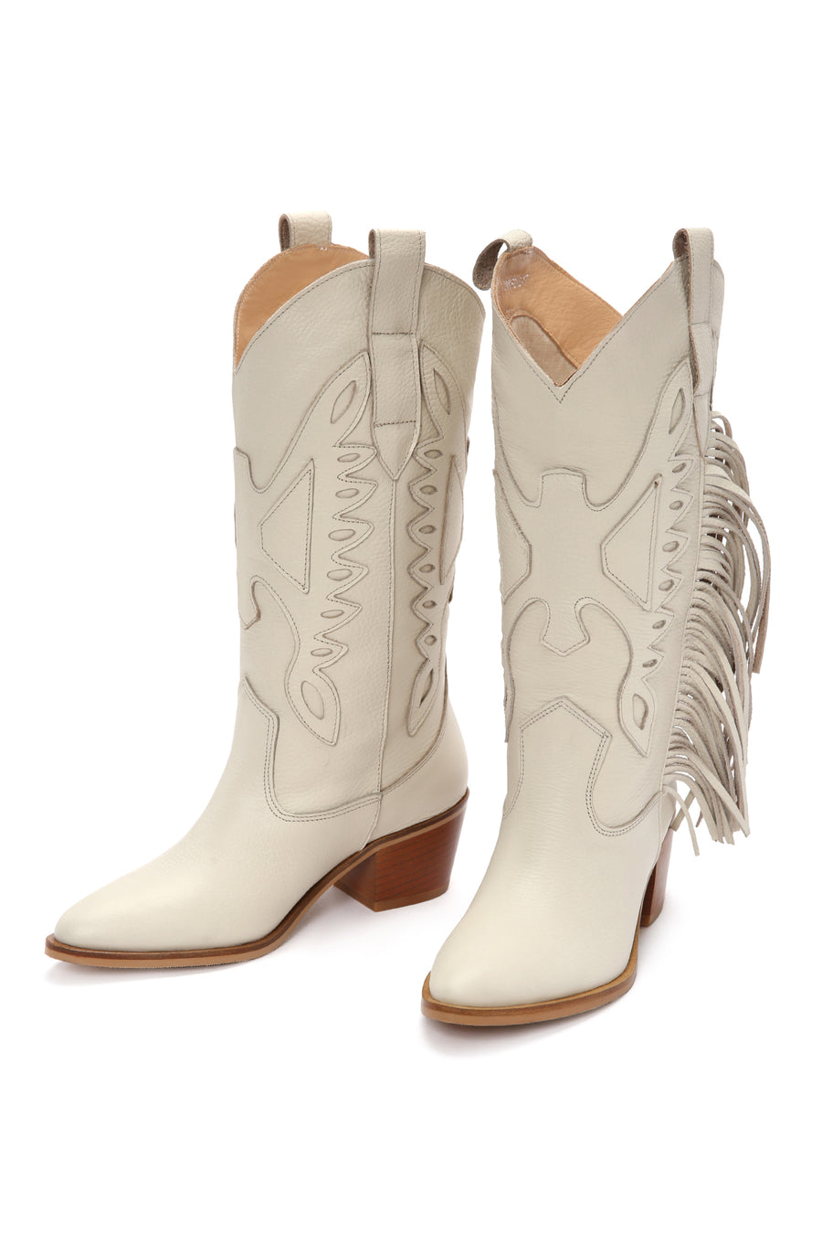 Women's Cream Thick Heeled Leather Cowboy Boots
