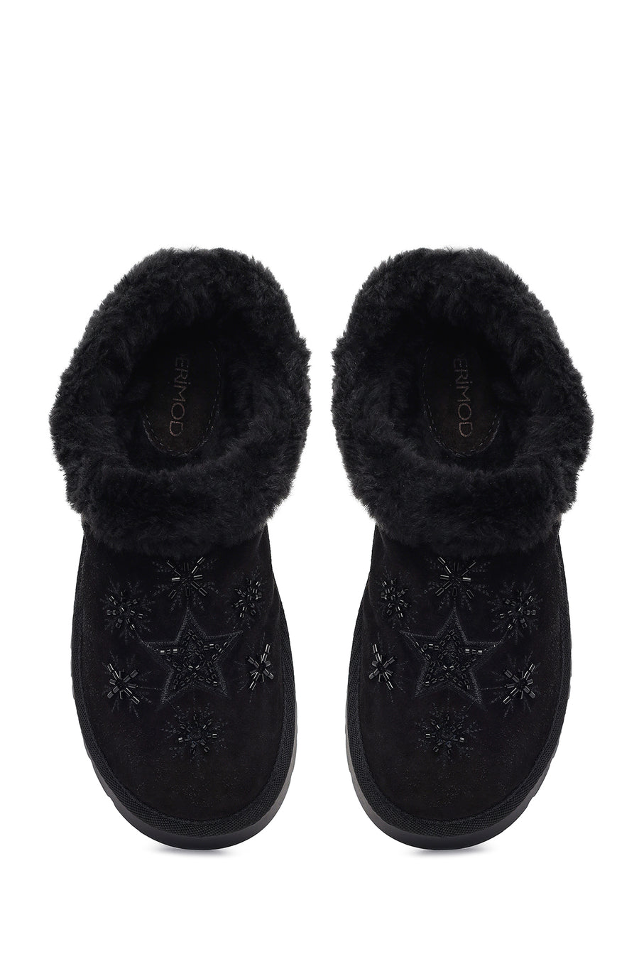 Woman Black Thick-soled Embellished Suede Leather Teddy Slipper