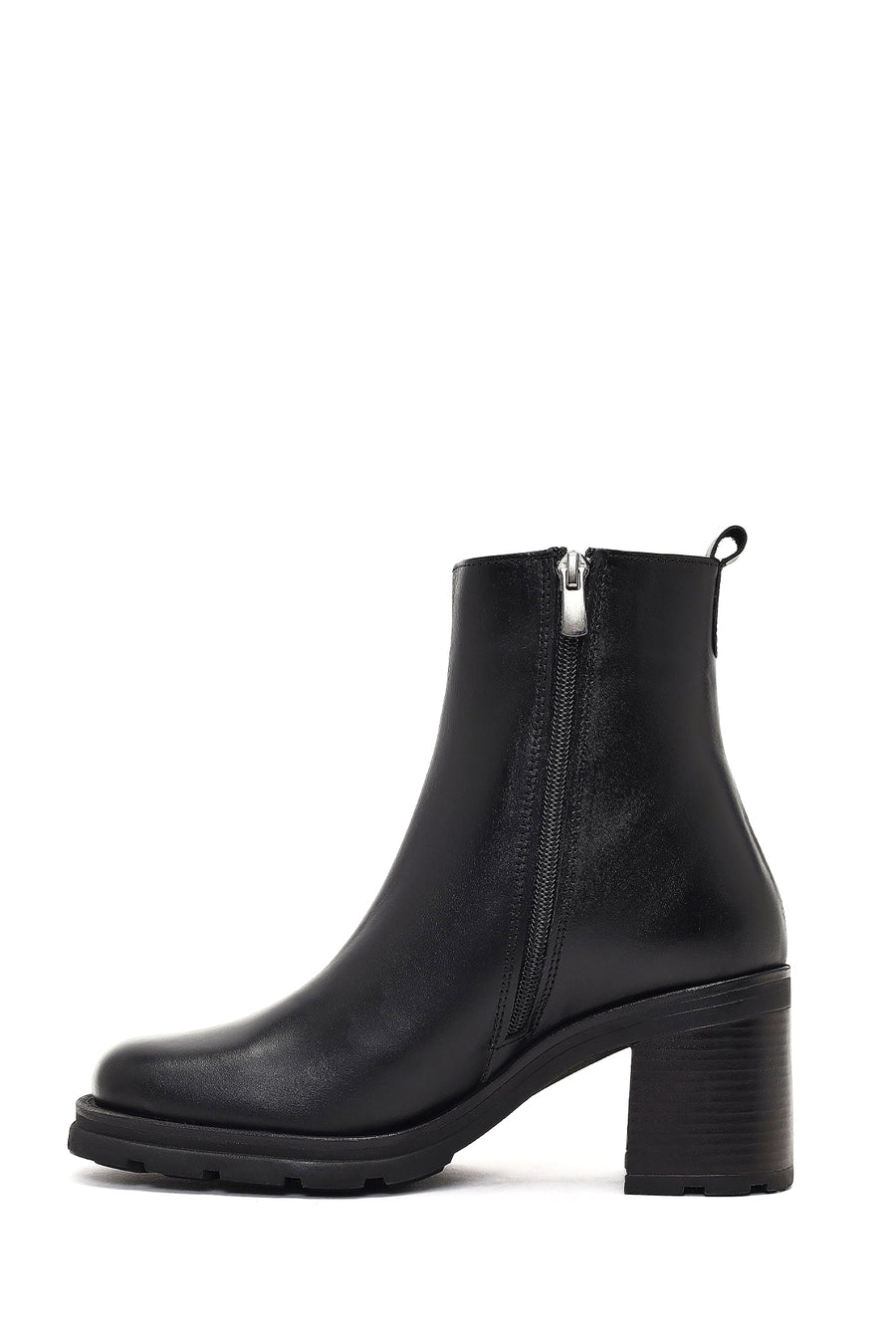 Women's Black Zippered Thick Heeled Leather Boot