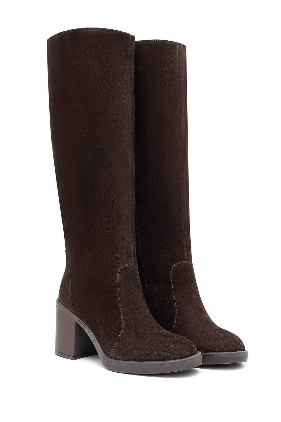 Woman Brown Zippered Chunky Heel Suede Leather Boot