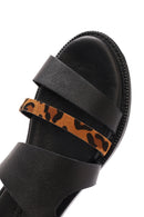 Women's Black Leopard Patterned Leather Slippers | Derimod