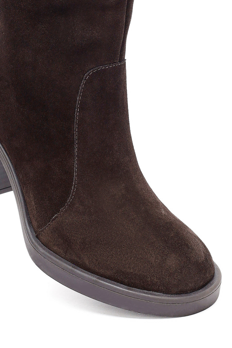 Woman Brown Zippered Chunky Heel Suede Leather Boot