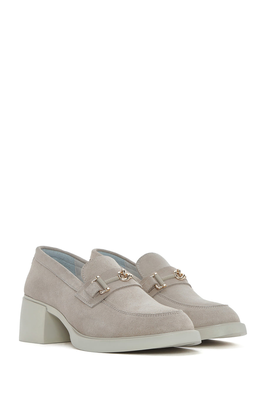 Women's Beige Buckled Thick Heel Suede Leather Masculine Loafer