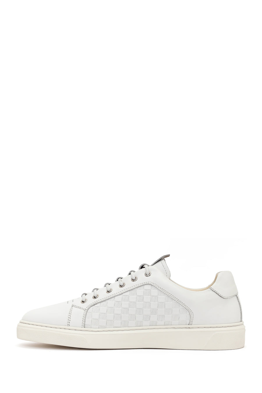 Erkek Beyaz Bağcıklı Desenli Deri Sneaker