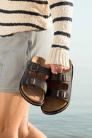 Men's Khaki Buckled Nubuck Leather Slippers | Derimod