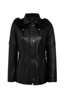 Hillary Women's Black Collar Fur Hooded Leather Coat | Derimod
