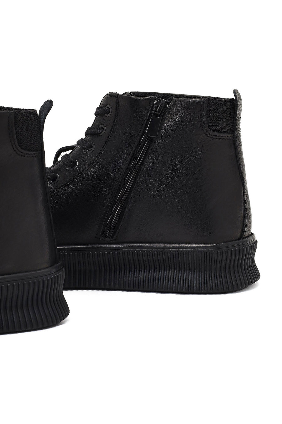 Male Black Lace-Up Zip Closure Leather Sport Boots