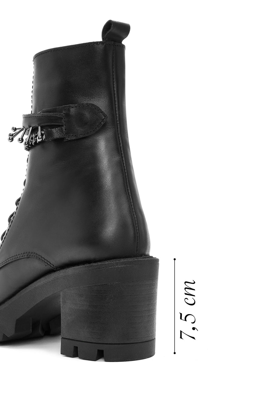Women's Black Zippered Accessory Detailed Thick Heeled Leather Combat Boots