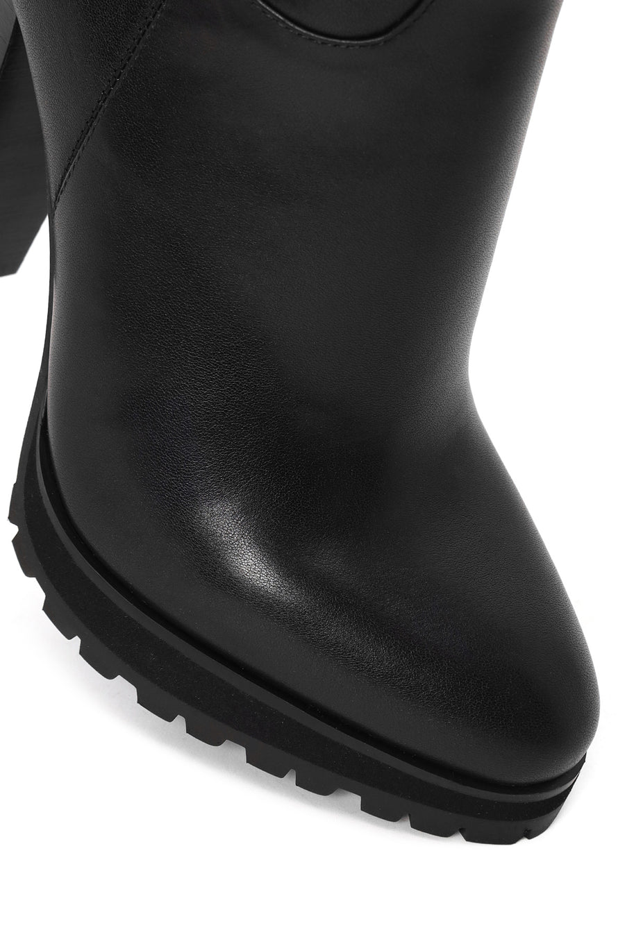 Woman Black Zip Closure High Thick-Heeled Leather Boots