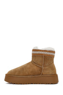 Women's Tan Thick-Soled Patterned Suede Leather Teddy Boots | Derimod