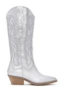 Women's Silver Leather Patterned Cowboy Boots | Derimod