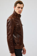 Wade Men's Brown Slim-Fit Leather Jacket | Derimod