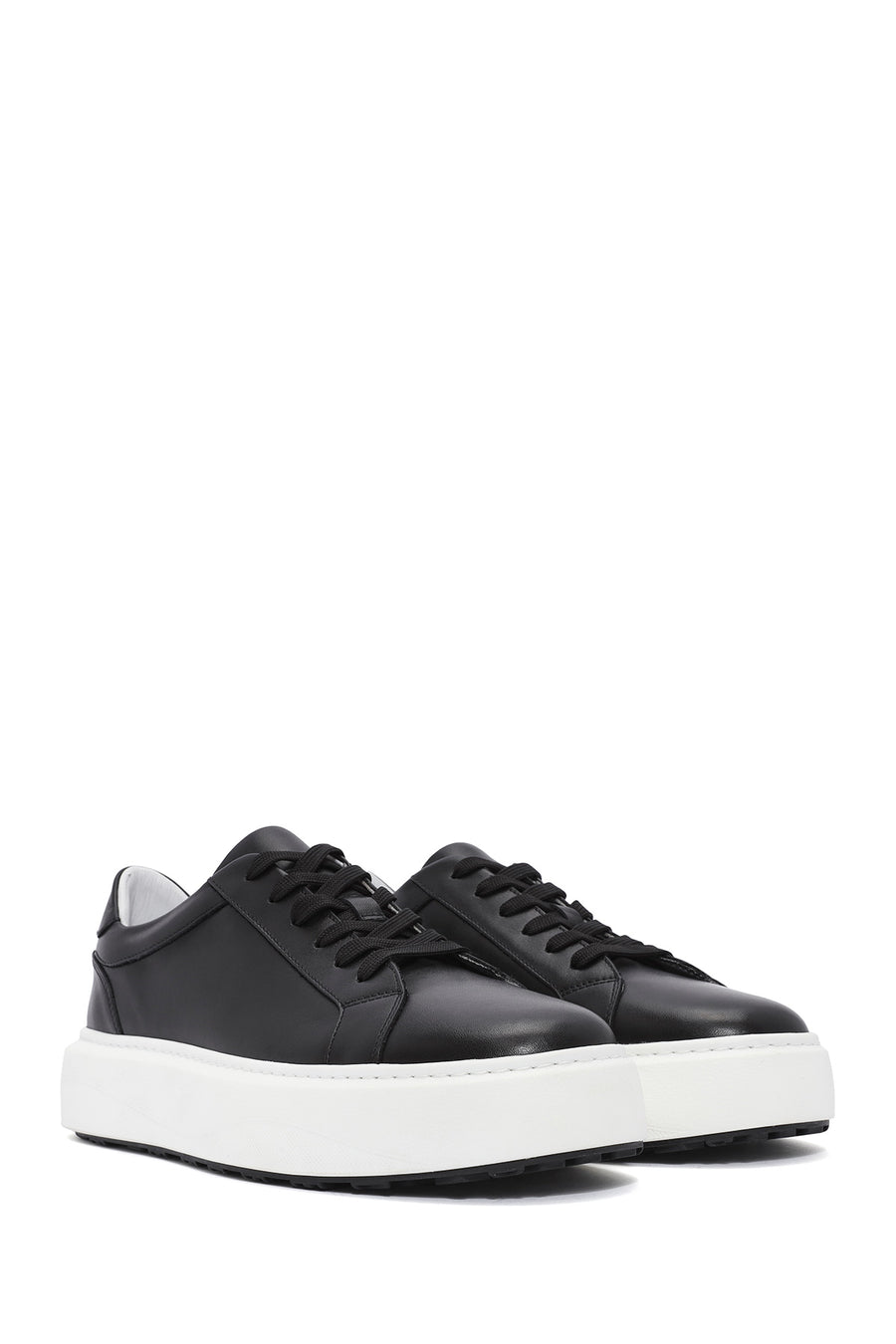Men's Black Lace-up Thick-Sole Leather Sneaker