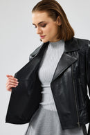 Monaco Women's Black Biker Leather Jacket | Derimod