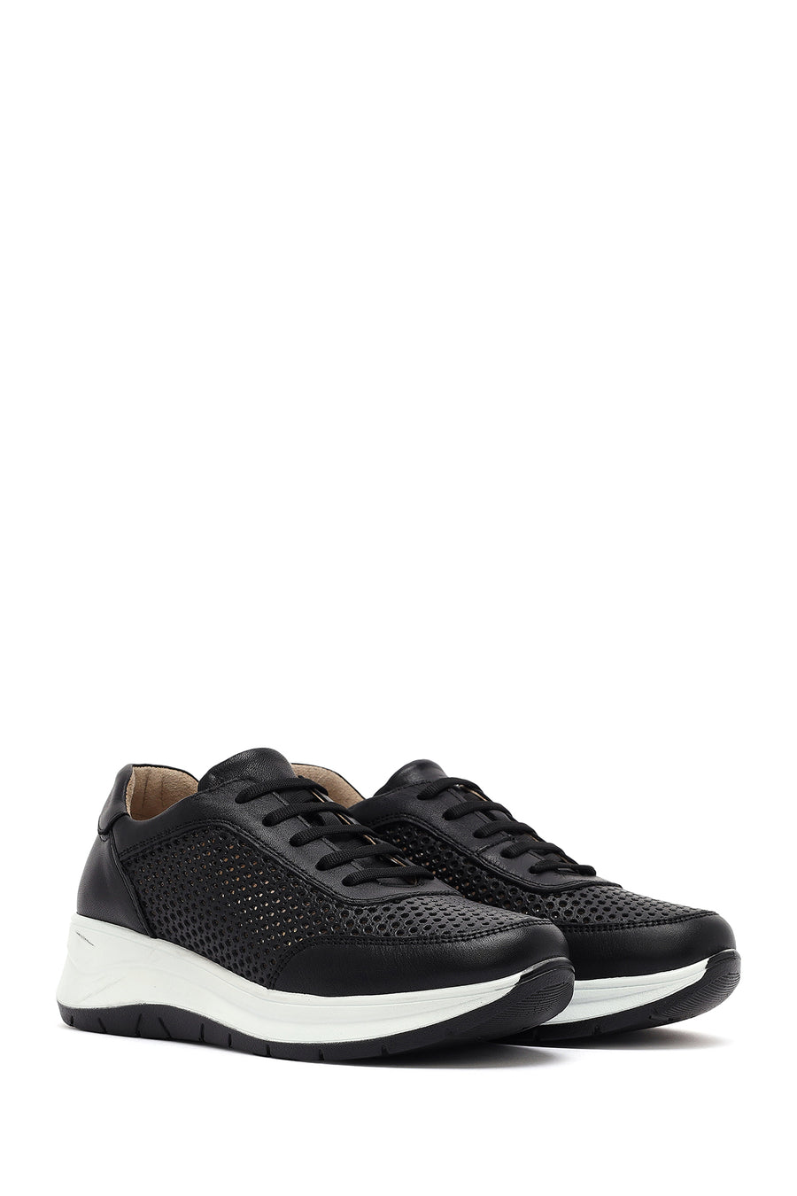 Women's Black Lace-up Thick-Sole Leather Sneaker