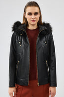 Meggy Women's Black Hooded Collar Fur Regular Leather Jacket | Derimod