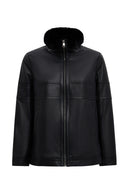Diana Women's Black Oversize Leather Coat with Fur Collar | Derimod