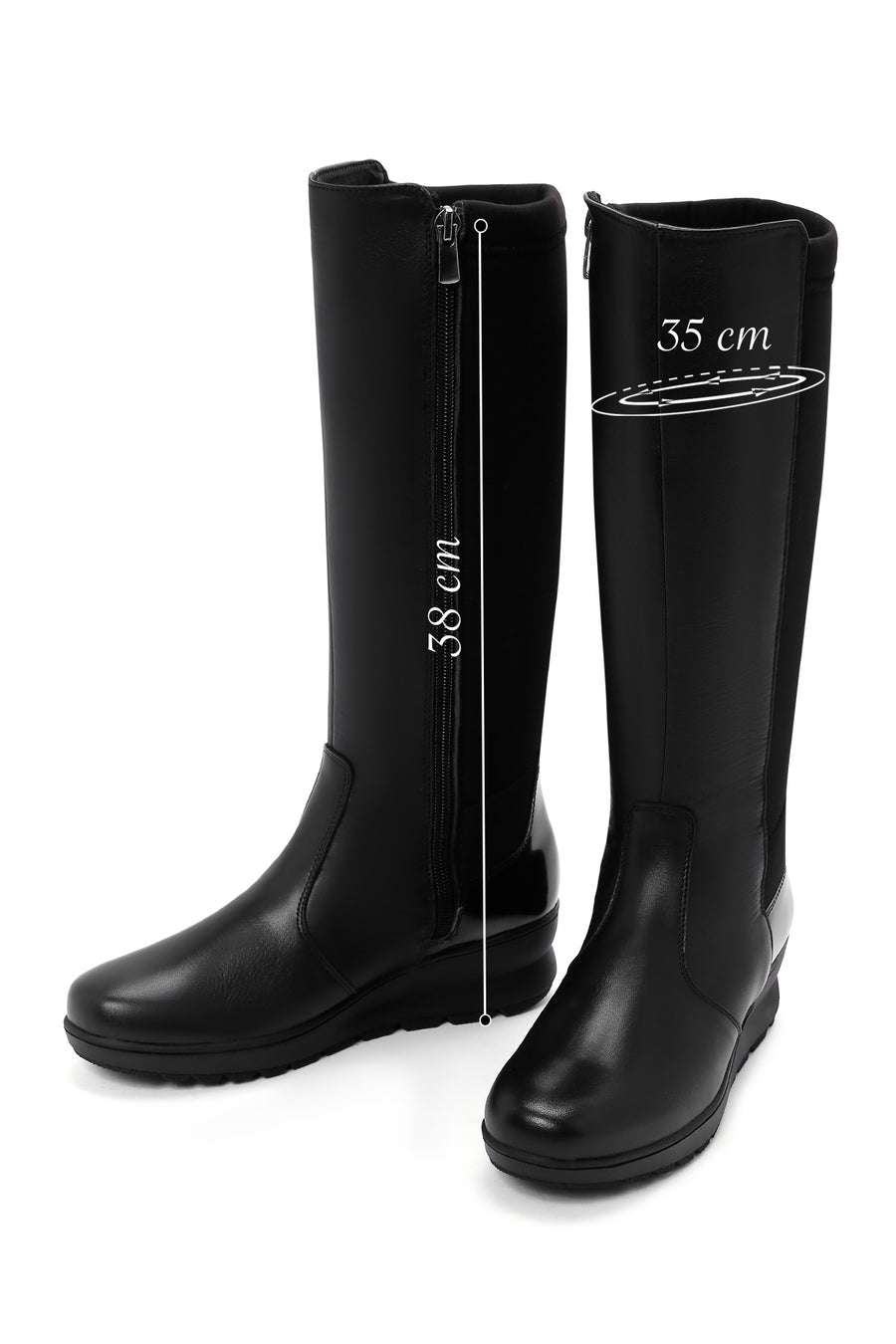 Women's Black Zippered Wedge Heeled Casual Leather Boots