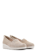 Women's Beige Wedge Heel Suede Leather Comfort Loafer | Derimod