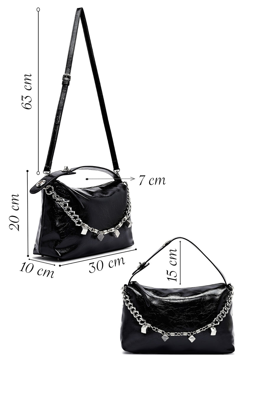 Women's Black Long Strap Chain Detailed Shoulder Bag