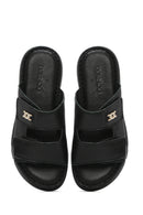 Women's Black Double-Striped Leather Comfort Slippers | Derimod