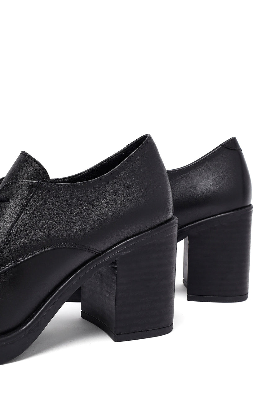 Woman Black Lace-Up Chunky Heeled Leather Masculine Shoes